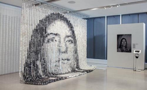 Left, "Every One," 2018, by Cannupa Hanska Luger with "Sister," 2016, by Kali Spitzer at the Gardiner Museum in Toronto