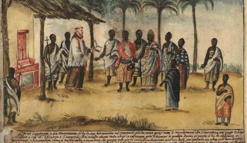 This watercolor by Capuchin friar Bernardino D’Asti depicts a Christian wedding ceremony in the kingdom of Kongo, circa 1750. Bernardino created an illustrated manuscript providing practical advice to future missionaries in the west-central African kingdom. (© Biblioteca Civica Centrale, Turin)