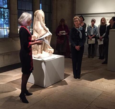 Deputy Provost Emily Bakemeier offers a tribute to colleague, friend, and (we learned) squash partner Mary Miller. Behind Mary are speakers Prof Barbara Mundy (PhD ’93), Brooke Luokkala (’18) and Sara Altuna (’19).